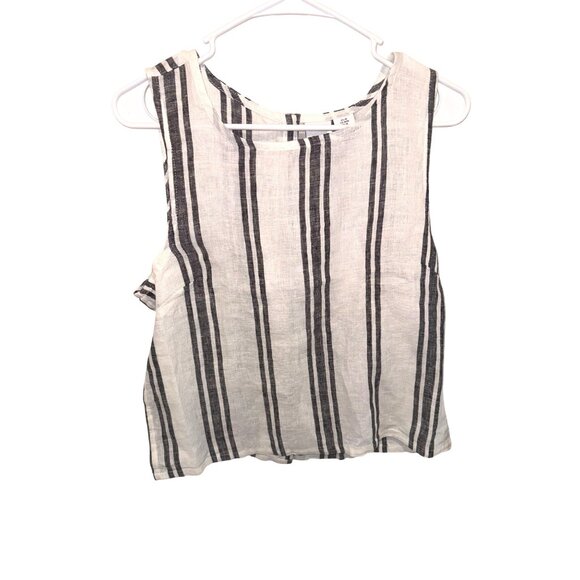 NWT C&C California Striped Linen Tank Top Button Back M Cream Black Stripe Money - Picture 2 of 7